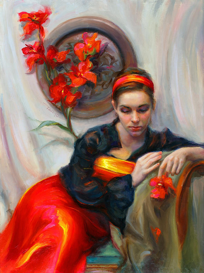 Flower Painting - Common Threads - Divine Feminine in silk red dress by Talya Johnson