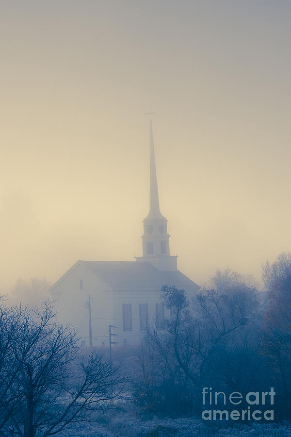 Community church on a foggy morning. Photograph by Don Landwehrle