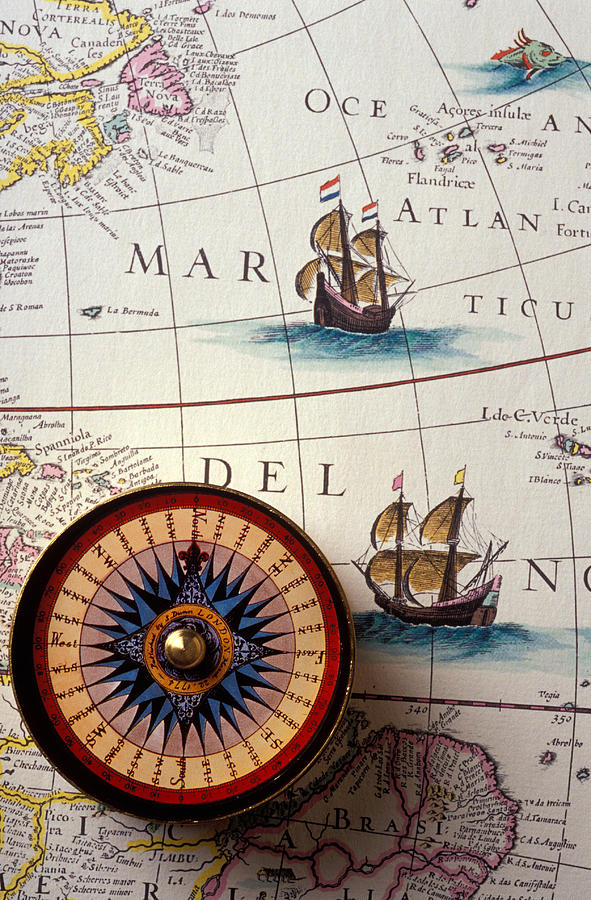 Map Photograph - Compass and old map with ships by Garry Gay