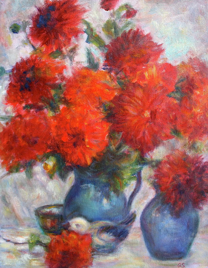 Dahlias in Complementary Original Impressionist Painting - Still-life - Vibrant - Contemporary Painting by Quin Sweetman
