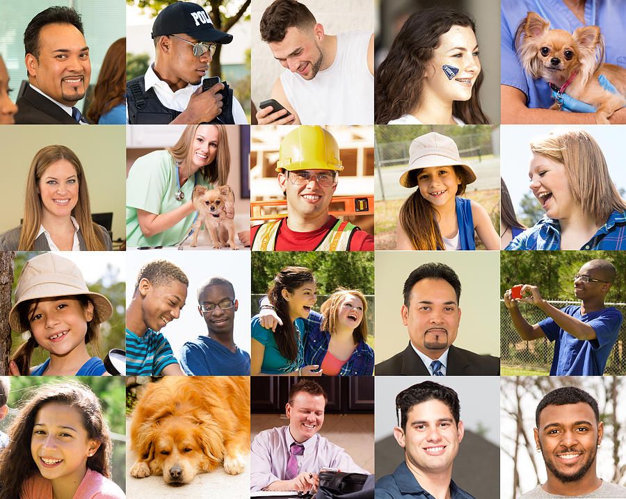 Composite people collage. Multi-ethnic group, mixed ages. Various jobs. Dogs. Photograph by Fstop123