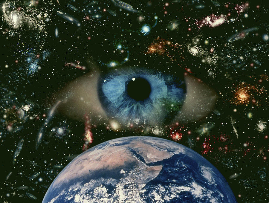Computer Graphic Of An Eye On Starfield With Earth Photograph by Mehau Kulyk/science Photo Library