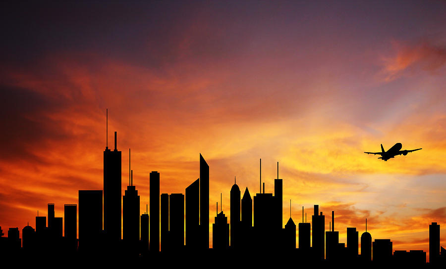 Conceptual photo of city downtown at sunrise sunset with skyline ...