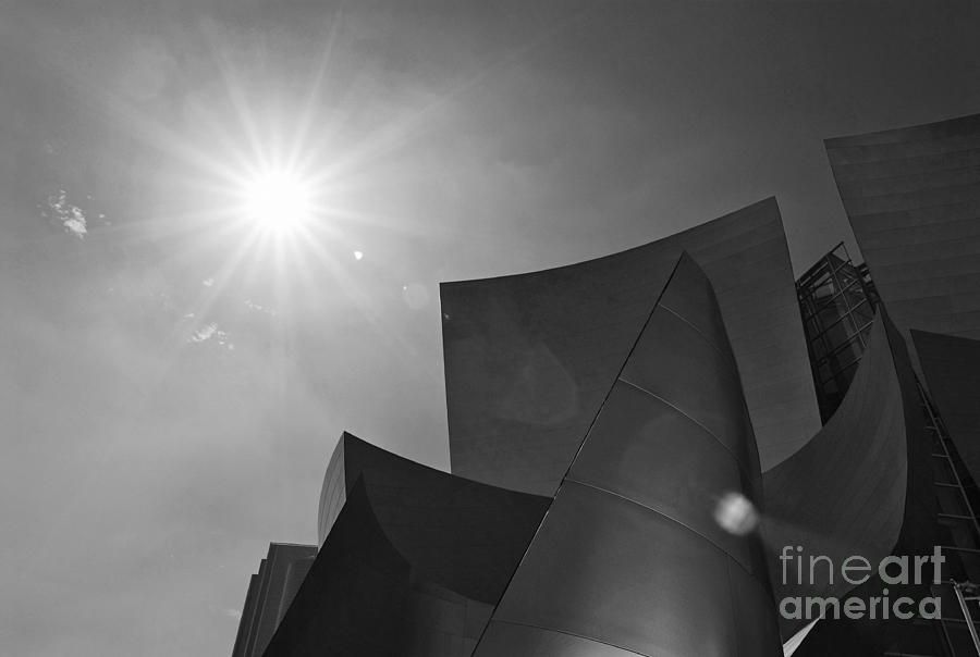 Concert flare - Walt Disney Concert Hall from Downtown Los Angeles in Black and White Photograph by Jamie Pham