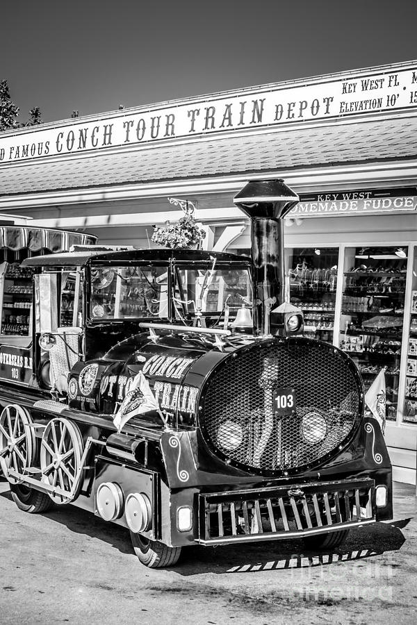 Black And White Photograph - Conch Tour Train 1 Key West - Black and White by Ian Monk
