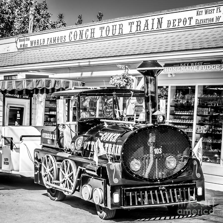 Black And White Photograph - Conch Tour Train 2 Key West - Square - Black and White by Ian Monk