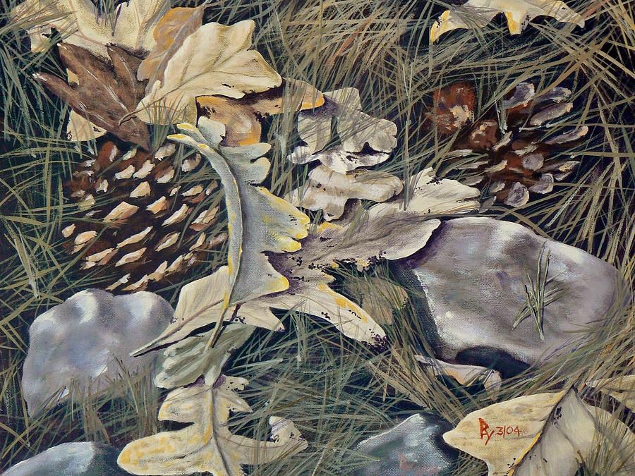 Cones Rocks Leaves and Needles Painting by Ray Nutaitis