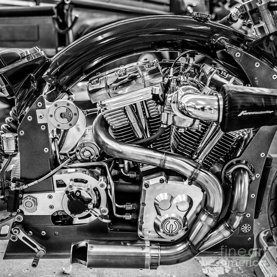 Fork Photograph - Confederate B120 Wraith Motorcycle - Square - Black and White by Ian Monk