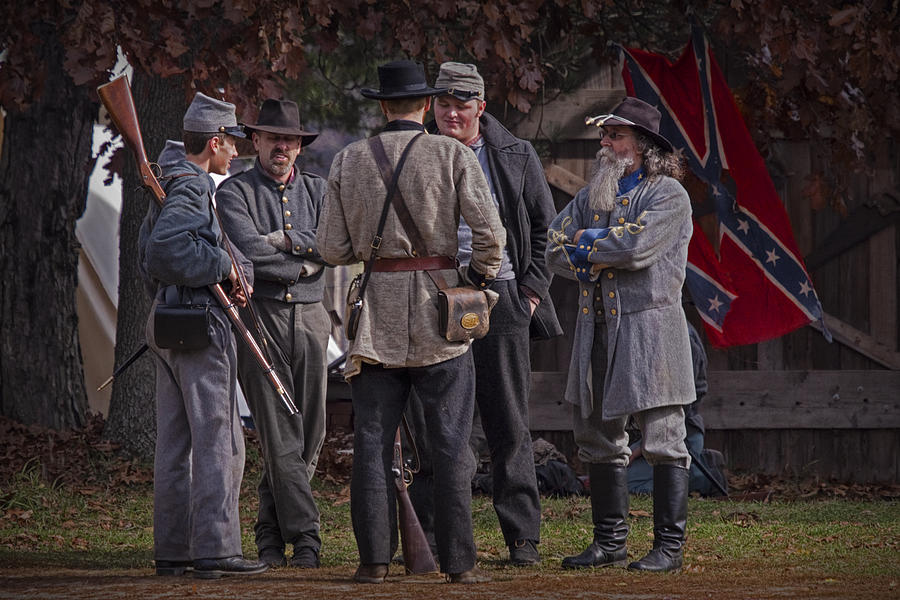 Foot Soldiers Photograph - Confederate Civil War Reenactors with Rebel Confederate Flag by Randall Nyhof
