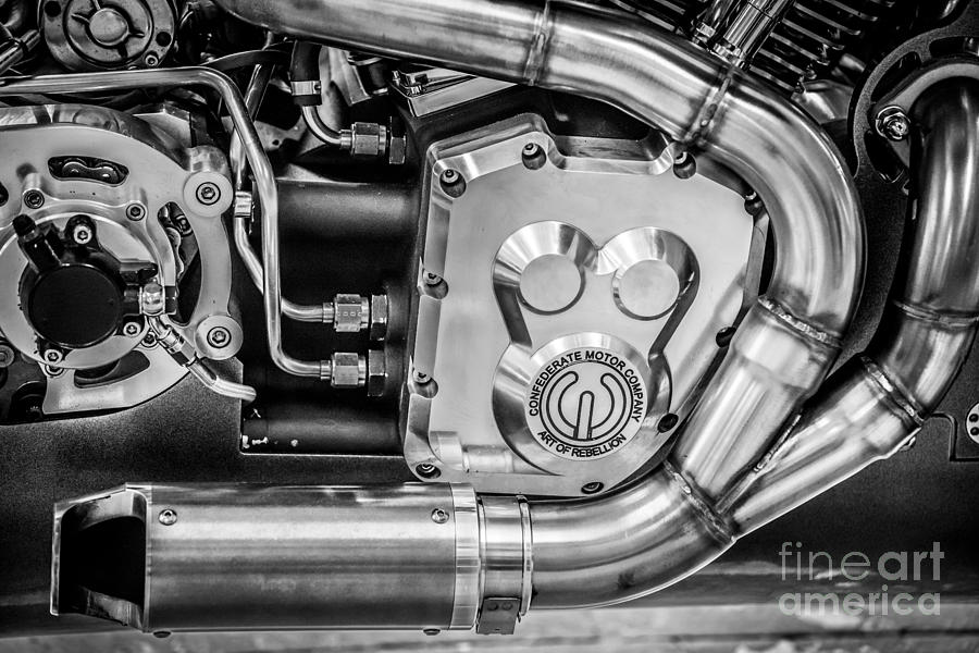 Fork Photograph - Confederate Motorcycle B120 Wraith Engine and Exhaust Pipe - Black and White by Ian Monk