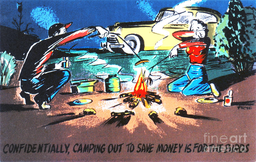 Vintage Cartoon Drawing - Confidentially camping out to save money is for the birds by Eldon Frye