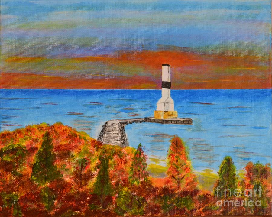 Fall, Conneaut Ohio light house Painting by Melvin Turner