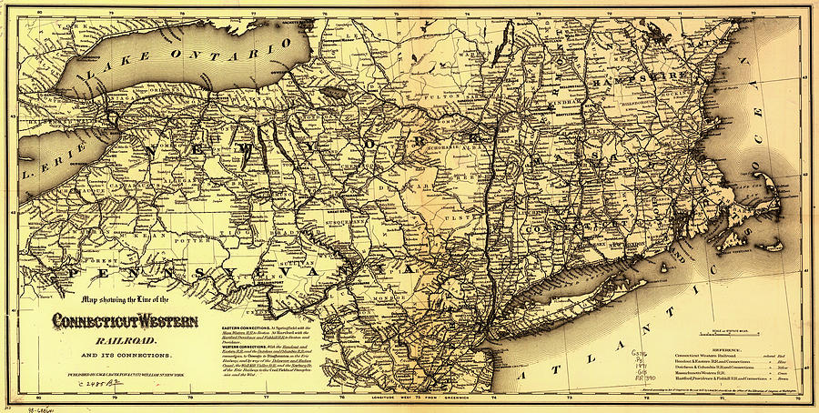 Map Drawing - Connecticut and Western Railroad Map 1871 by Mountain Dreams