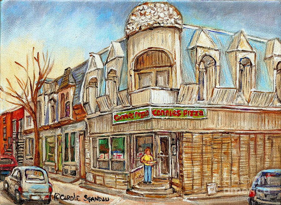 Connies Pizza Montreal Paintings Autumn Scene Pointe St Charles Original Cityscapes Carole Spandau  Painting by Carole Spandau