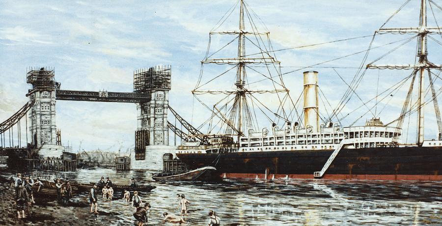 Construction of Tower Bridge and the SS Ruahine Painting by Mackenzie Moulton