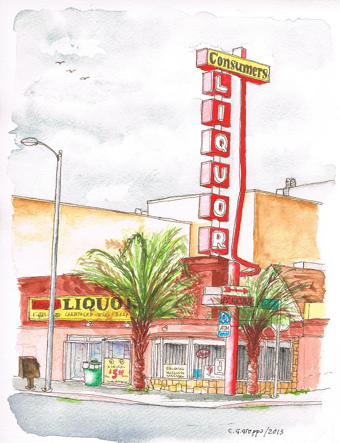 Consumers Liquor in Sunset Blvd - Hollywood - CA Painting by Carlos G Groppa