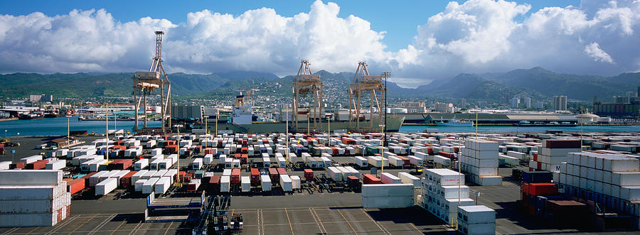 Crane Photograph - Containers And Cranes At A Harbor by Panoramic Images