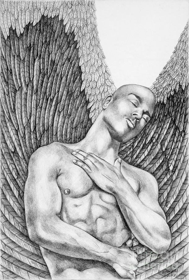 Nude Drawing - Contemplating Black Male Angel  by Dawn Rosendahl