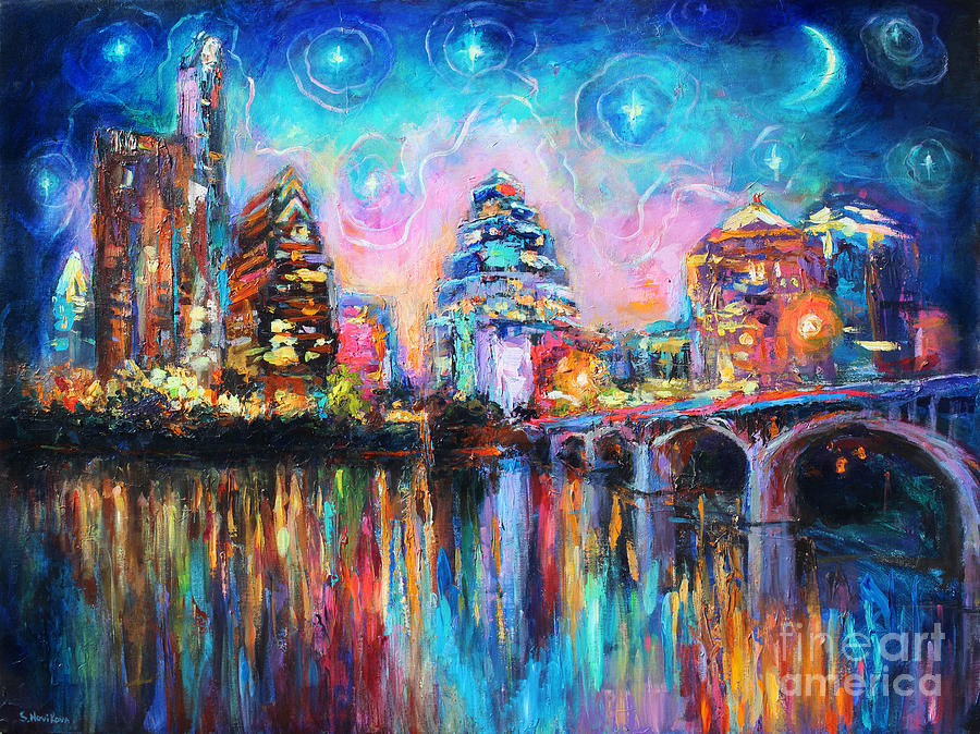 Austin Cityscape Painting - Contemporary Downtown Austin Art painting Night Skyline Cityscape painting Texas by Svetlana Novikova