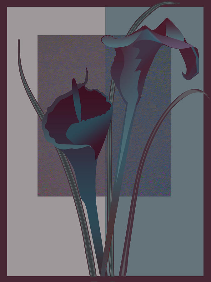 Contemporary still life lilies in burgundy and blue Painting by Regina Femrite