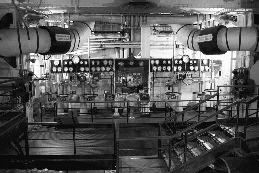 Control Board Engine Room Queen Mary Ocean Liner Long Beach CA BW Photograph by Thomas Woolworth