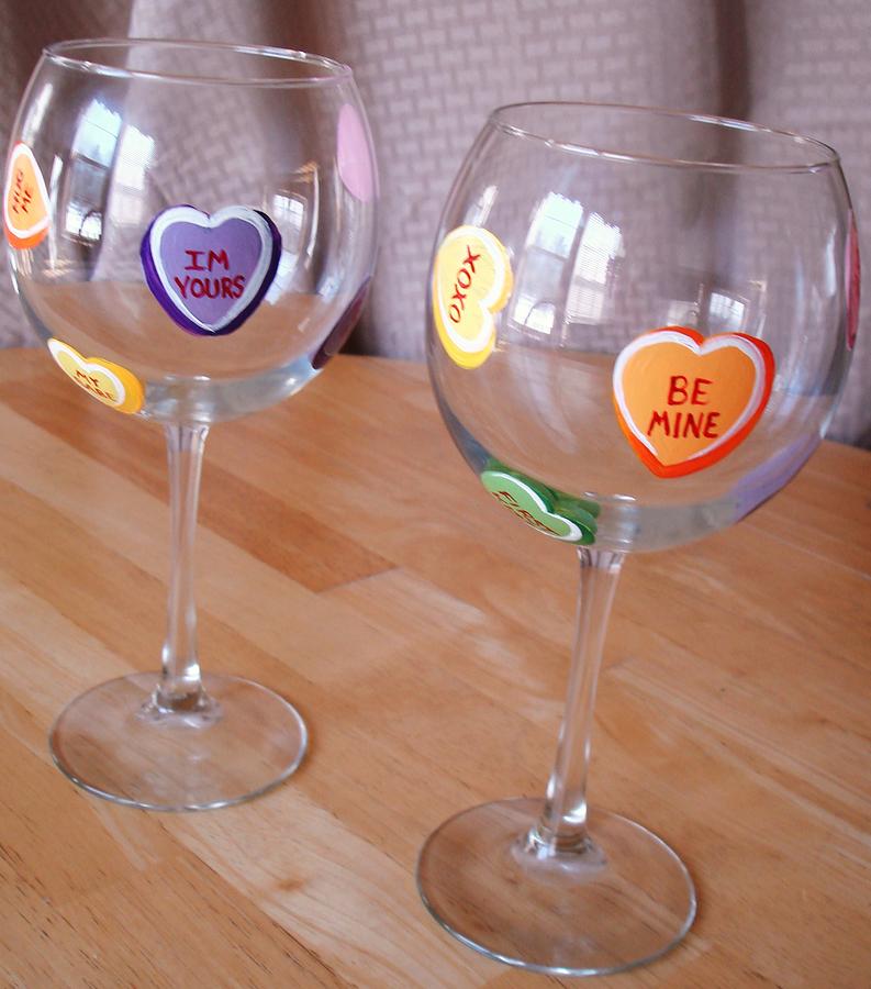 Conversation Hearts Wine Glasses Painting by Sarah Grangier