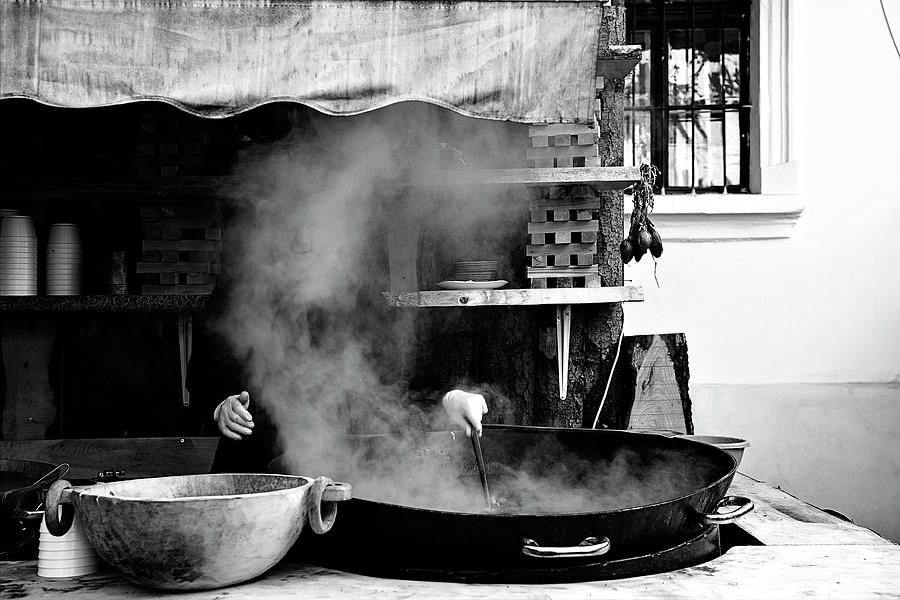 Black And White Photograph - Cooking Food by E.amer