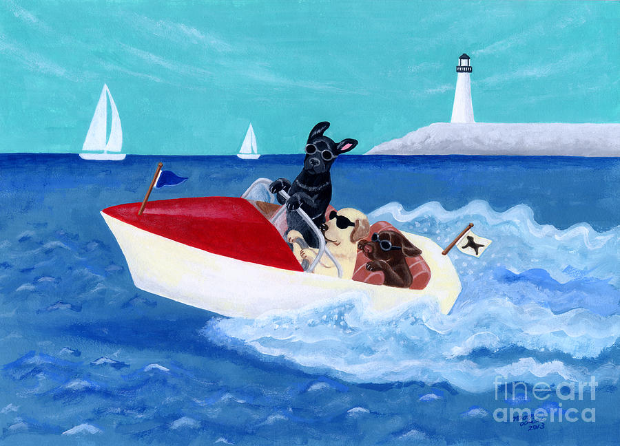 Labrador Retriever Painting - Cool Motorboat Labradors by Naomi Ochiai