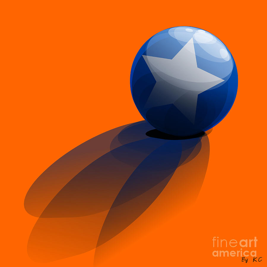 Cool Digital Art - Blue Ball decorated with star orange background by Vintage Collectables