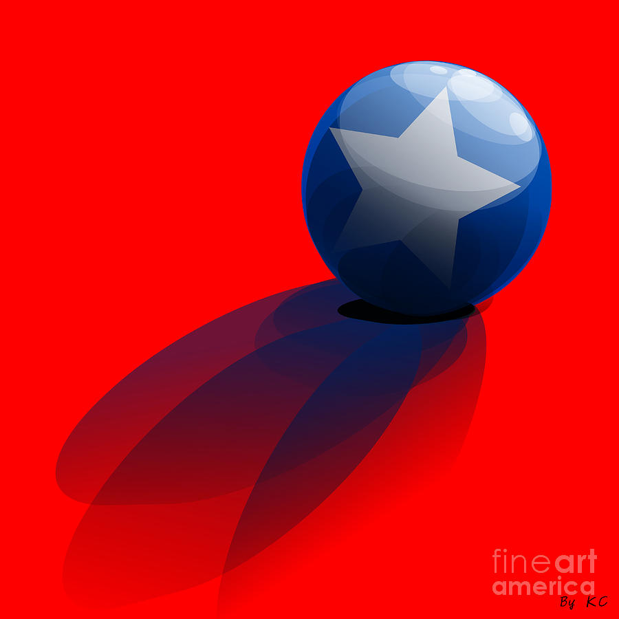 Cool Digital Art - Blue Ball decorated with star red background by Vintage Collectables