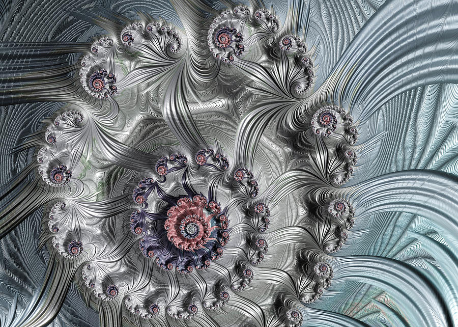 Abstract Digital Art - Cool silver and blue fractal spiral metal look by Matthias Hauser