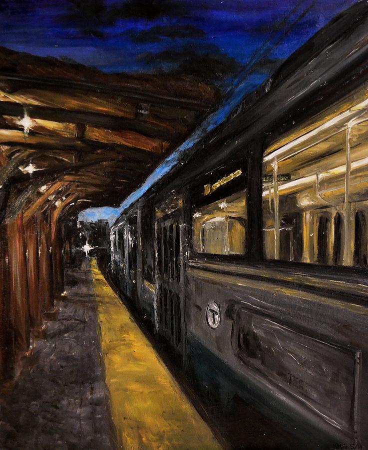 Coolidge Corner Train Boston Painting by Karen Strangfeld