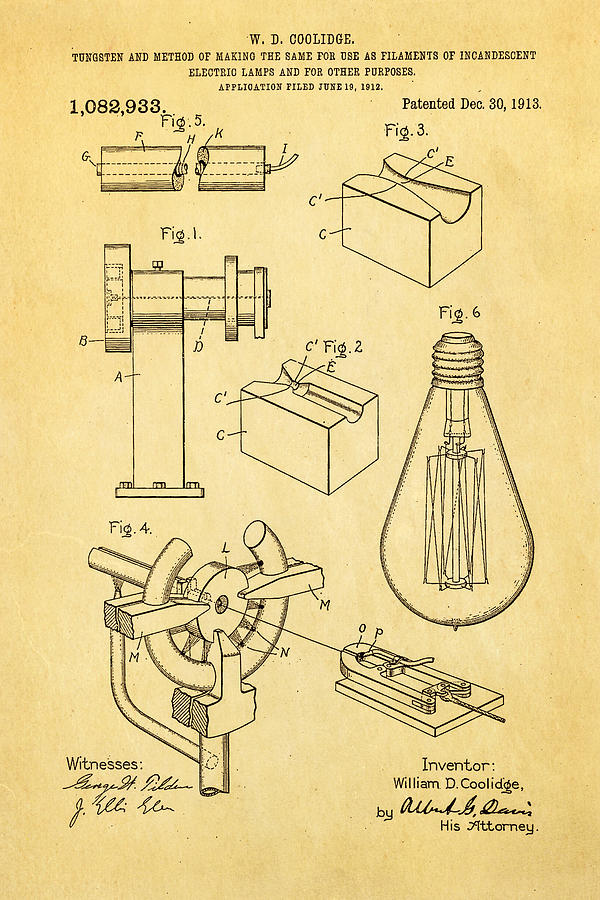 Vintage Photograph - Coolidge Incandescent Lighting Patent Art 1913 by Ian Monk