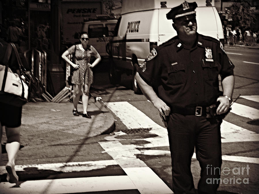 Black And White Photograph - Cop and Girl - Mirror Image - New York City Street Scene by Miriam Danar