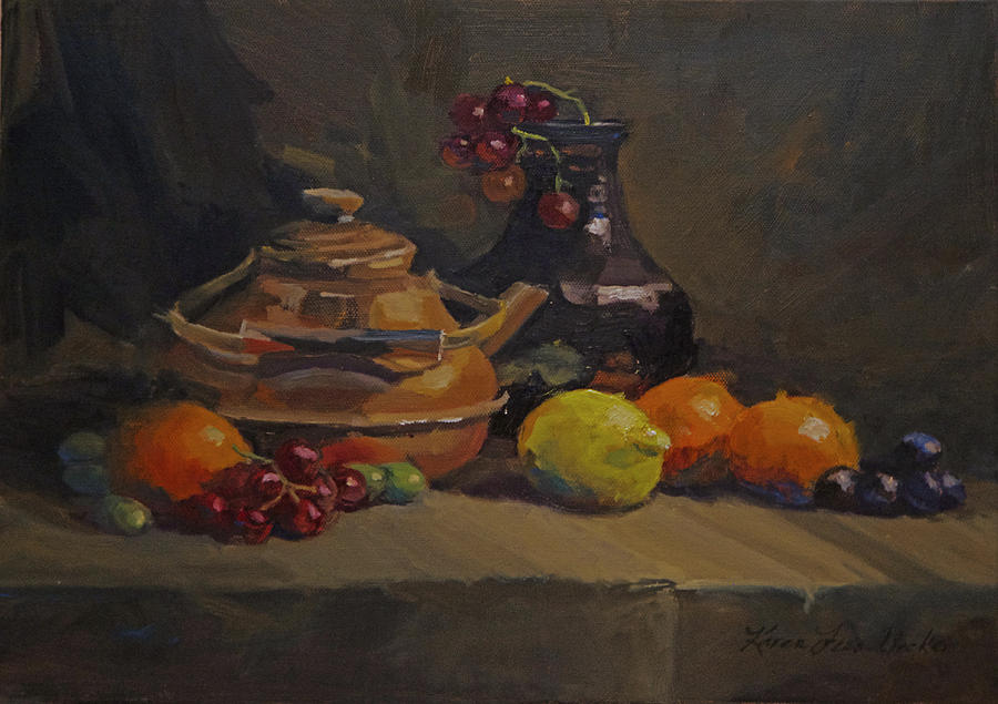 Still Life Painting - Copper Tea Pot and Fruit by Karen Fess