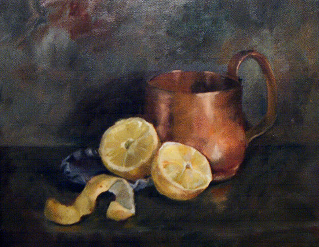 Still Life Painting - Copper Mug with Lemons by Kim Brecklein