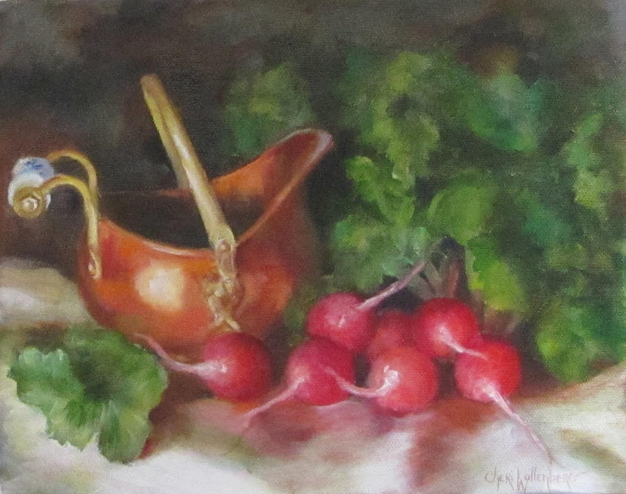 Copper Pot and Radishes Still Life Painting Painting by Cheri Wollenberg