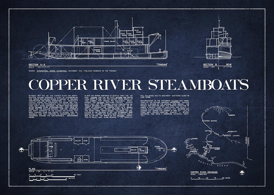 Boat Digital Art - Copper River Steamboats Blueprint by Aged Pixel