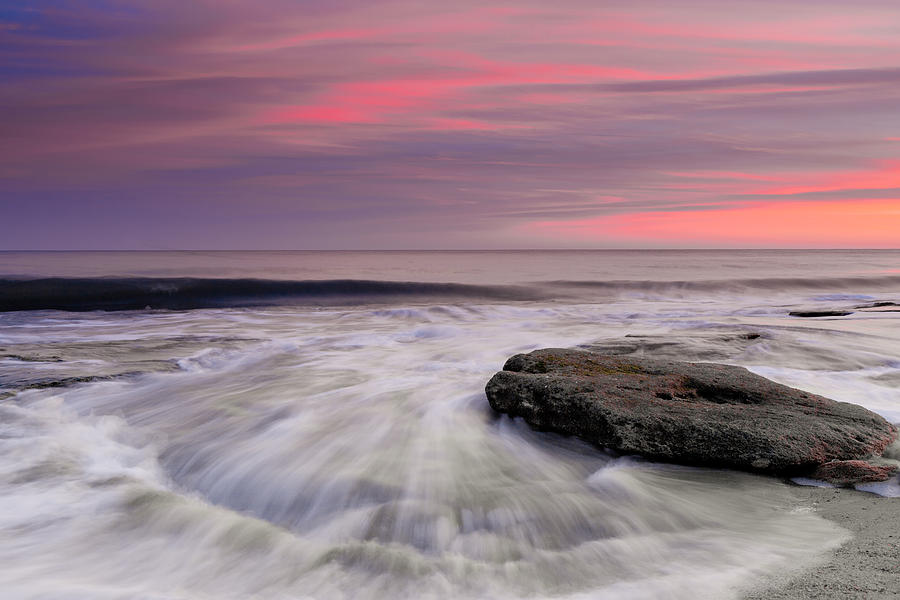 Nature Photograph - Coquina Rocks Washed by Ocean Waves At Colorful Sunset by Jo Ann Tomaselli