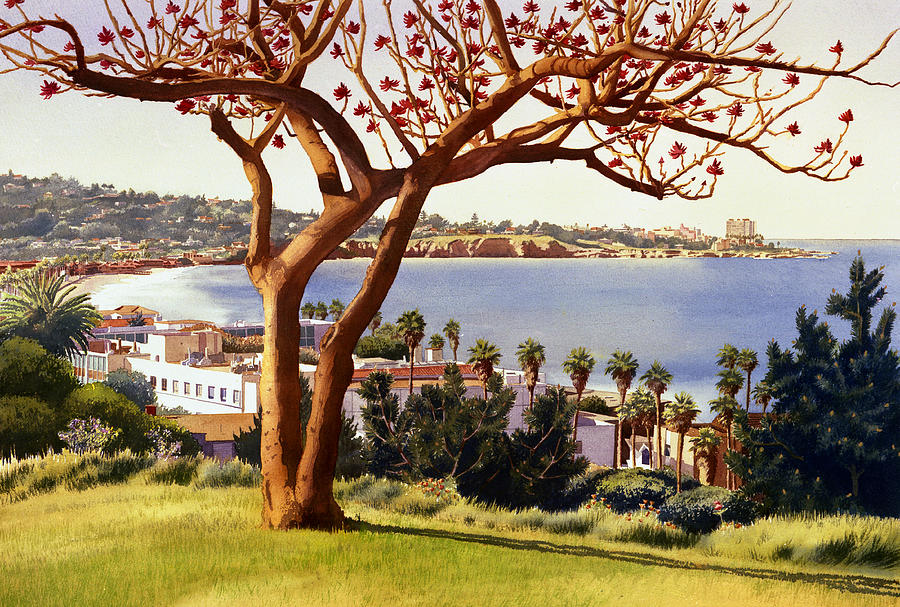 Tree Painting - Coral Tree with La Jolla Shores by Mary Helmreich