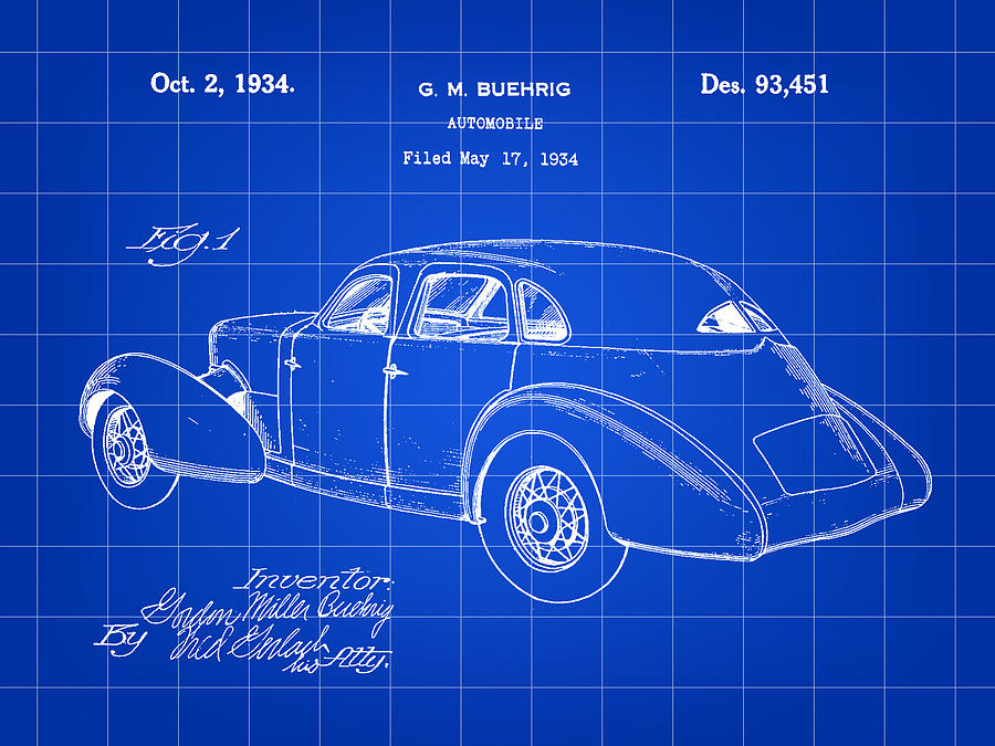 Cord Automobile Patent 1934 - Blue Digital Art by Stephen Younts