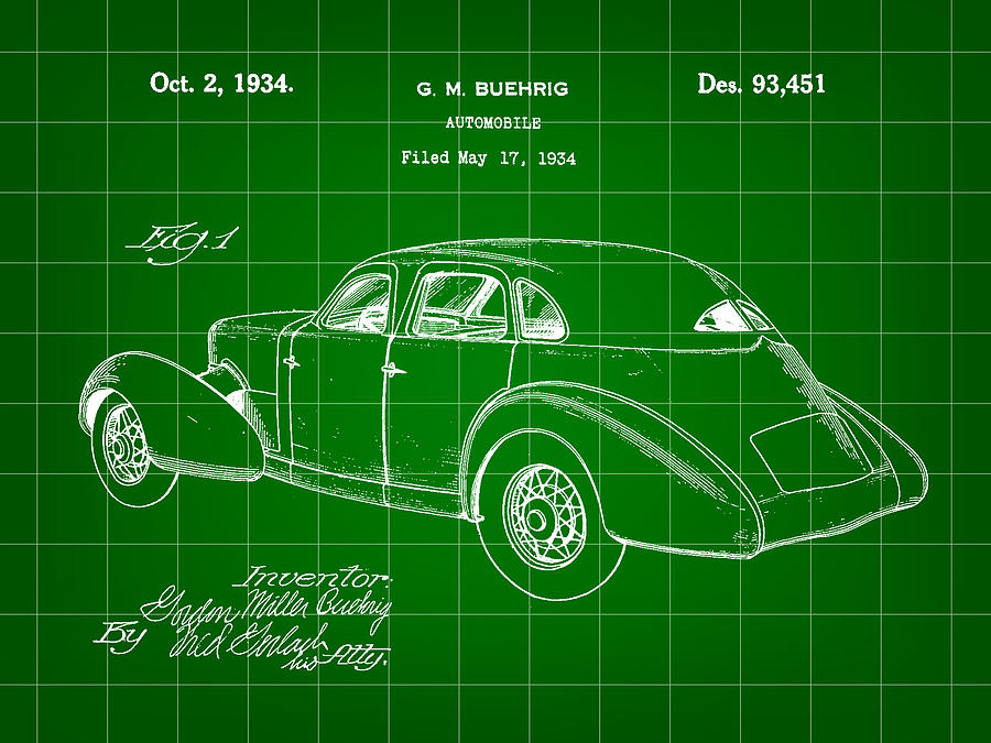 Cord Automobile Patent 1934 - Green Digital Art by Stephen Younts