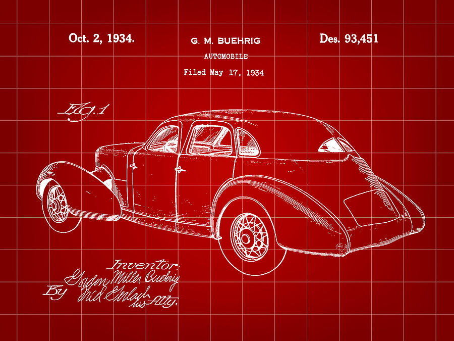 Cord Automobile Patent 1934 - Red Digital Art by Stephen Younts