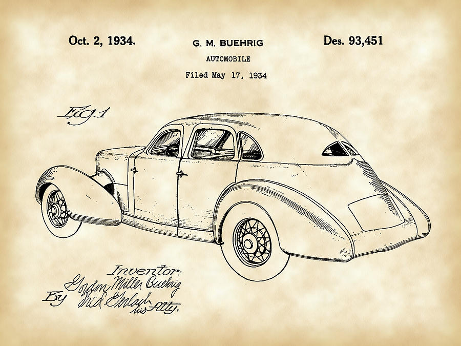 Cord Automobile Patent 1934 - Vintage Digital Art by Stephen Younts