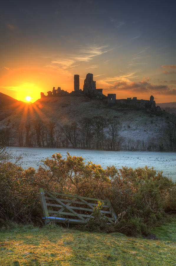 Castle Photograph - Corfe Castle Dorset Winter sunrise. by Matthew Gibson