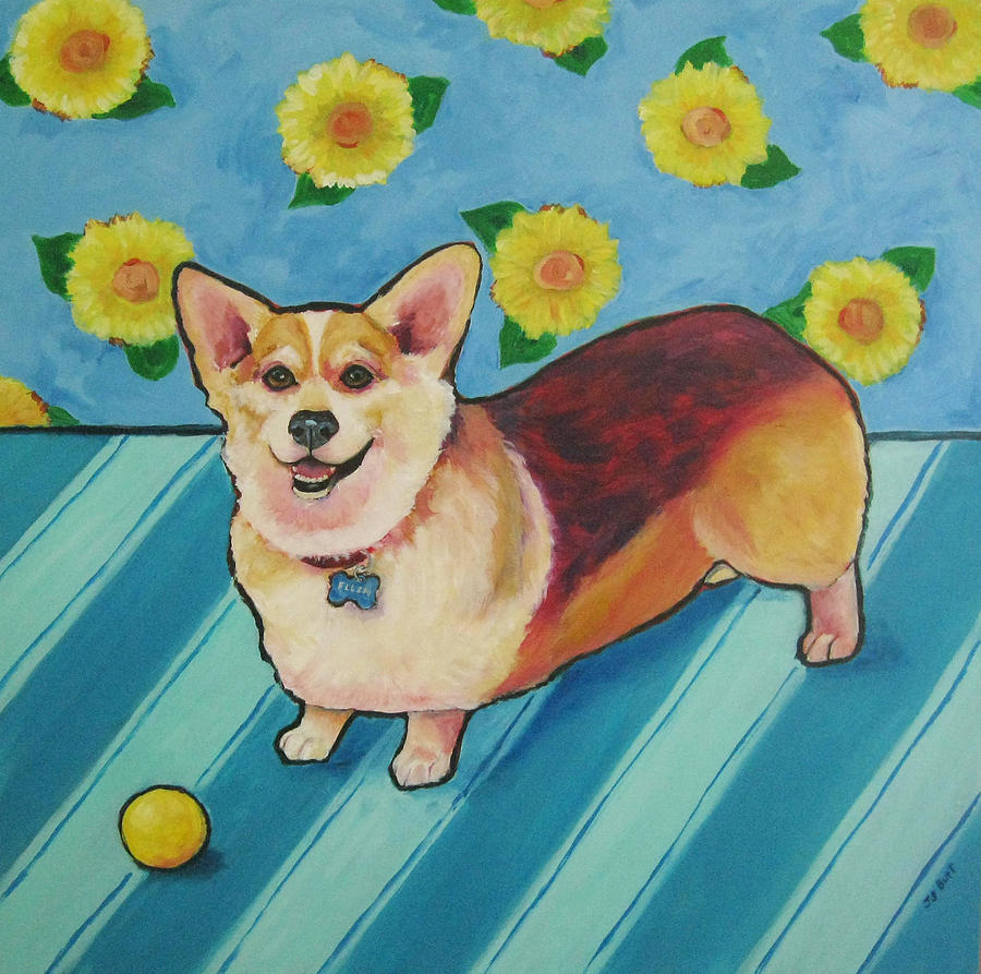 Corgi Painting - Corgi - Ellen with Sunflowers by Janet Burt