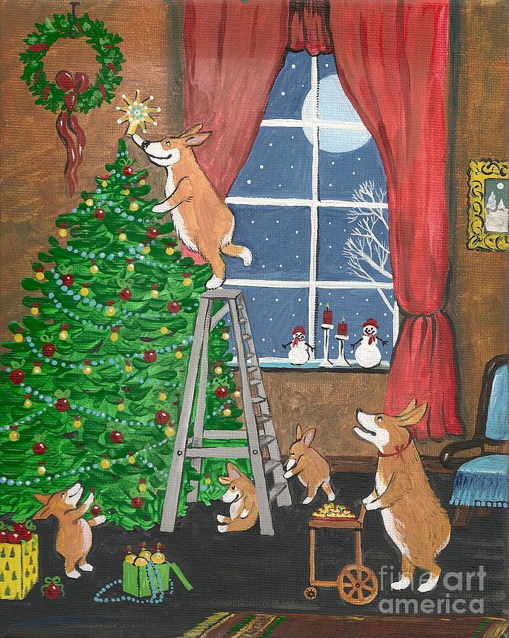 Corgi Family Christmas Painting by Margaryta Yermolayeva