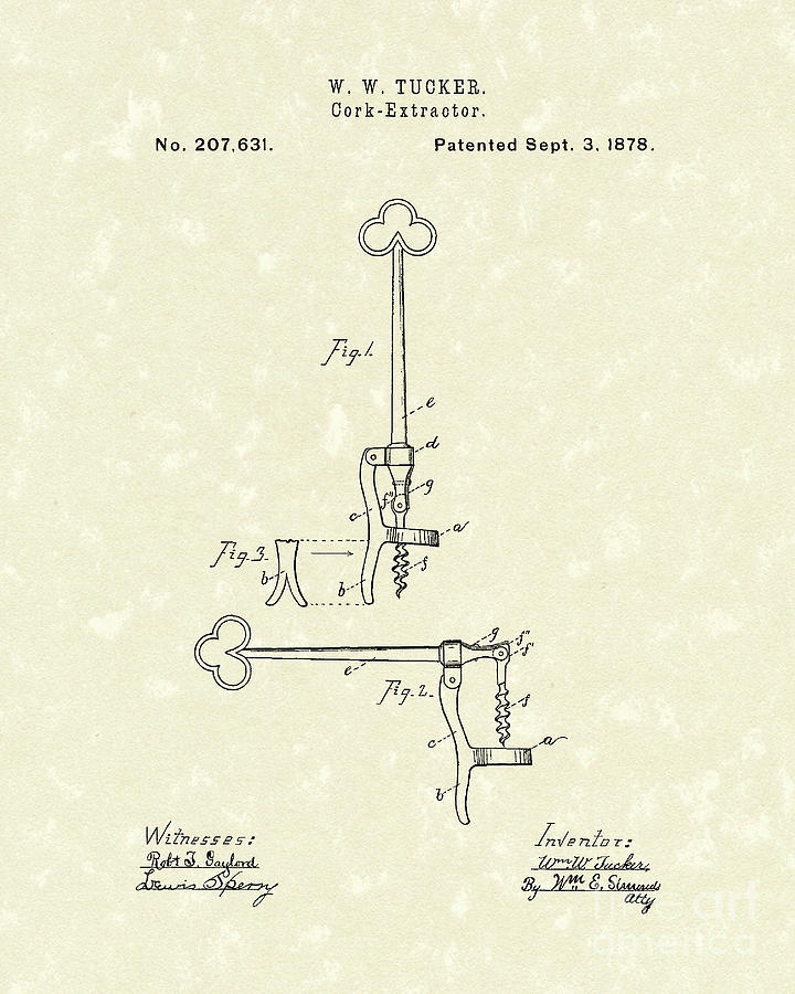 Cork Extractor 1878 Patent Art Drawing by Prior Art Design