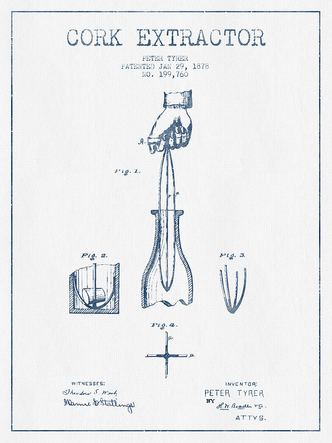 Cork Extractor Patent Drawing From 1878- Blue Ink Digital Art