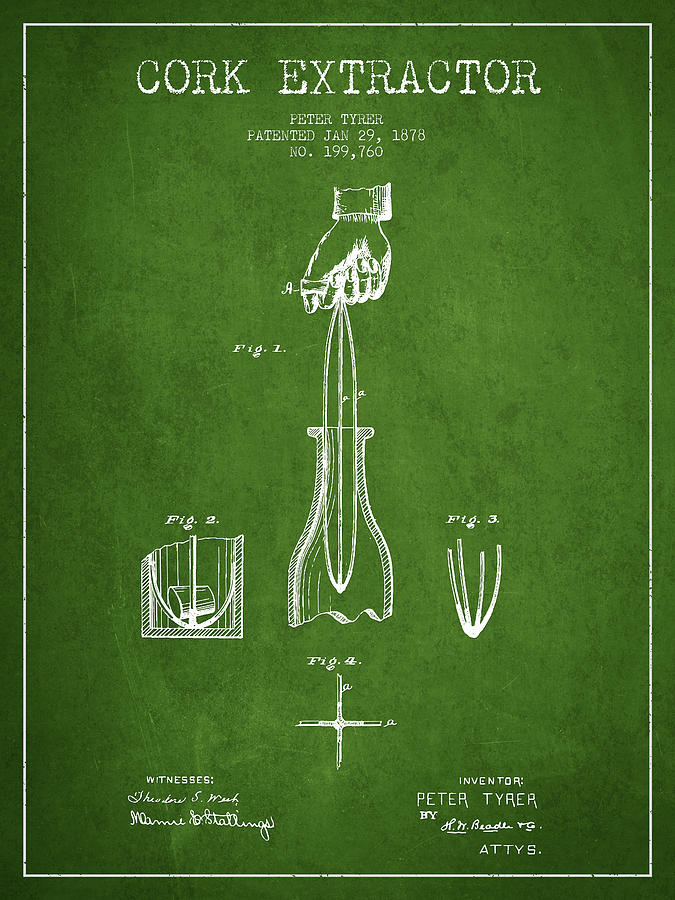 Cork Extractor Patent Drawing From 1878 -green Digital Art